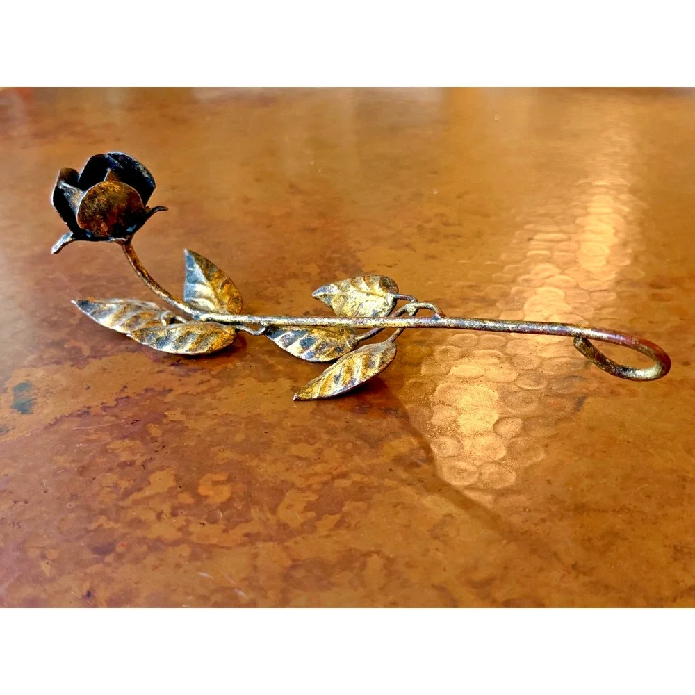 Vintage Tole Rose Candle Snuffer Gold Metal Flower Long Handle 9.5 in Antique